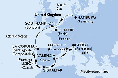Itinerariu Croaziera Repozitionare Hamburg spre Genova - MSC Cruises - MSC Meraviglia - 12 nopti