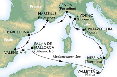 Itinerariu Croaziera Mediterana de Vest - MSC Cruises - MSC Orchestra - 10 nopti