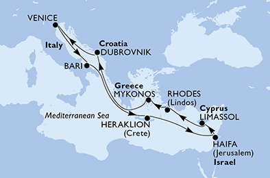 Itinerariu Croaziera Mediterana de Est & Pamantul Sfant - MSC Cruises - MSC Lirica - 12 nopti