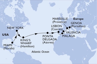 Itinerariu Croaziera Transatlantic Miami spre Genova - MSC Cruises - MSC Divina - 20 nopti