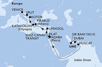 Itinerariu Croaziera Repozitionare Dubai spre Venetia - MSC Cruises - MSC Lirica - 20 nopti