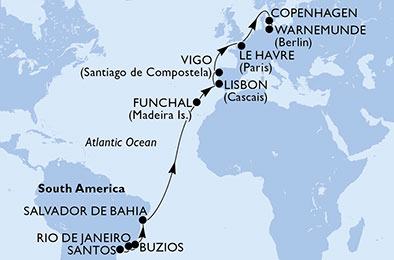 Itinerariu Croaziera Transatlantic Santos spre Warnemunde - MSC Cruises - MSC Poesia - 19 nopti