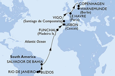 Itinerariu Croaziera Transatlantic Rio de Janeiro spre Warnemunde - MSC Cruises - MSC Poesia - 18 nopti