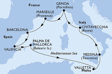 Itinerariu Croaziera Mediterana de Vest - MSC Cruises - MSC Sinfonia - 9 nopti