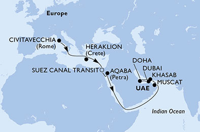 Itinerariu Croaziera Repozitionare Roma spre Dubai - MSC Cruises - MSC Bellissima - 16 nopti