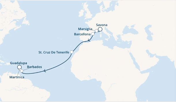 Itinerariu Croaziera Transatlatic Savona spre Guadelupe - Costa Cruises - Costa Favolosa - 14 nopti