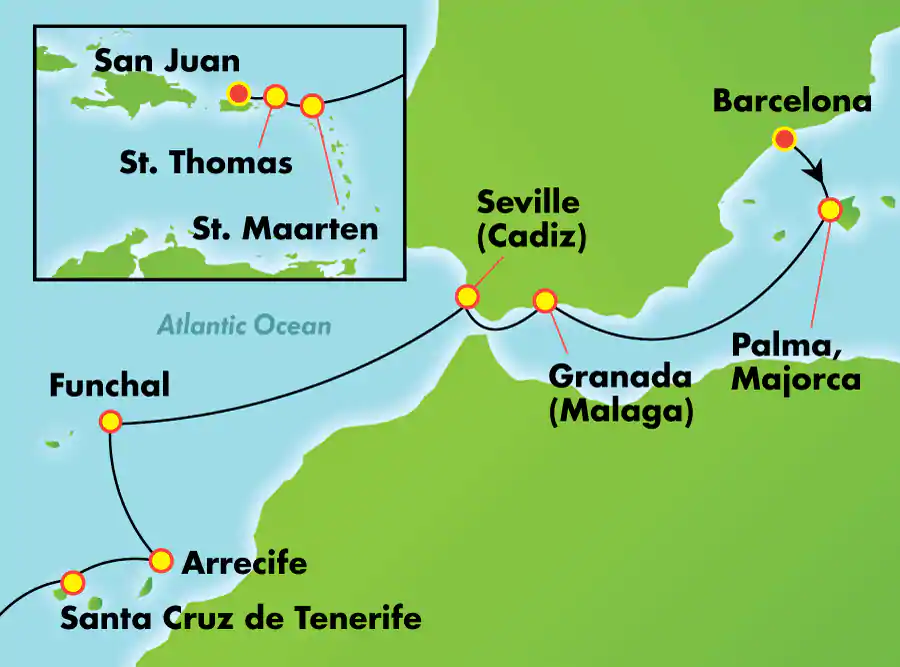 Itinerariu Croaziera Transatlantic Barcelona spre San Juan - Norwegian Cruise Line - Norwegian Epic - 16 nopti