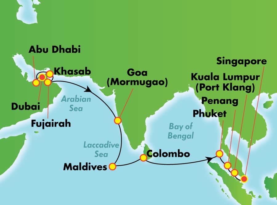 Itinerariu Croaziera Repozitionare Dubai spre Singapore - Norwegian Cruise Line - Norwegian Jade - 17 nopti