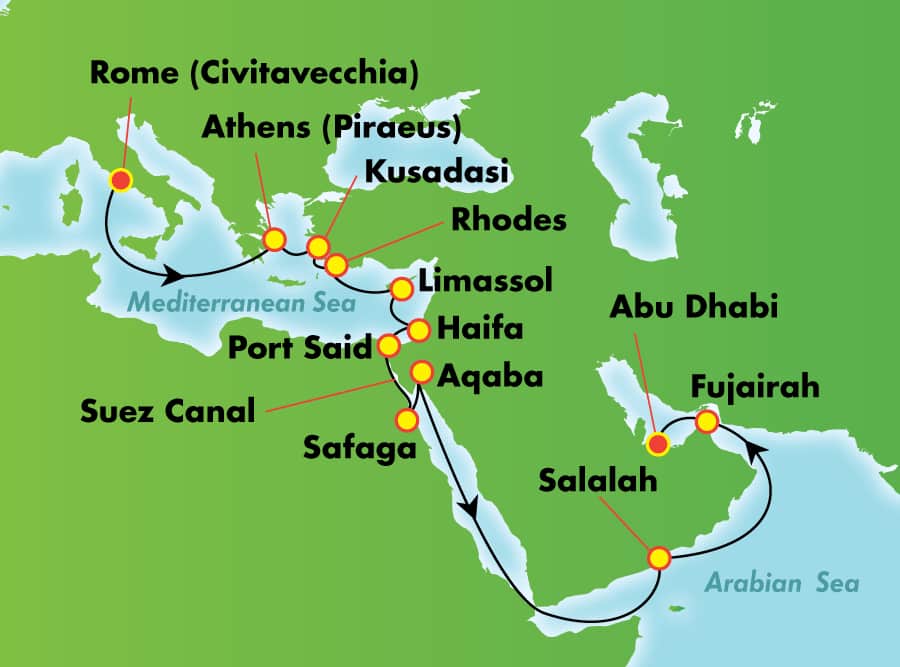 Itinerariu Croaziera Repozitionare Roma spre Dubai - Norwegian Cruise Line - Norwegian Jade - 21 nopti