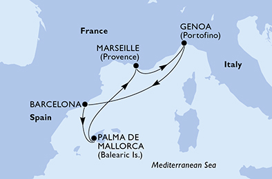 Itinerariu Croaziera Mediterana de Vest - MSC Cruises - MSC Opera - 4 nopti
