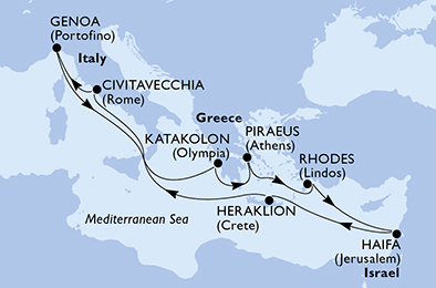 Itinerariu Croaziera Mediterana de Est & Pamantul Sfant - MSC Cruises - MSC Magnifica - 11 nopti