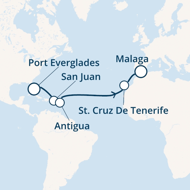 Itinerariu Croaziera Transatlantic Port Everglades spre Malaga - Costa Cruises - Costa Luminosa - 13 nopti