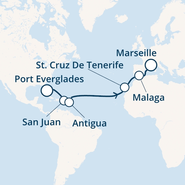 Itinerariu Croaziera Transatlantic Port Eeverglades spre Marsilia - Costa Cruises - Costa Luminosa - 15 nopti