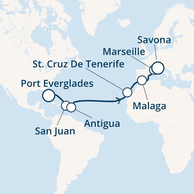 Itinerariu Croaziera Transatlantic Port Everglades spre Savona - Costa Cruises - Costa Luminosa - 16 nopti