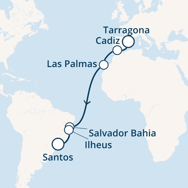 Itinerariu Croaziera Transatlantic Tarragona spre Santos - Costa Cruises - Costa Luminosa - 16 nopti