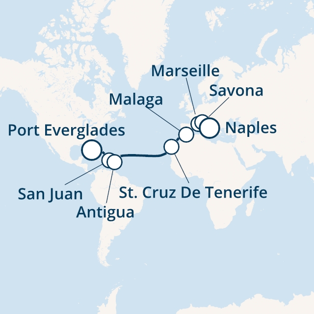 Itinerariu Croaziera Transatlantic Port Everglades spre Napoli - Costa Cruises - Costa Luminosa - 17 nopti