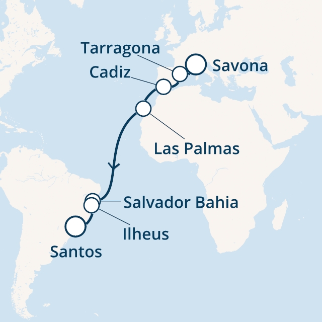 Itinerariu Croaziera Transatlantic Savona spre Santos - Costa Cruises - Costa Luminosa - 17 nopti