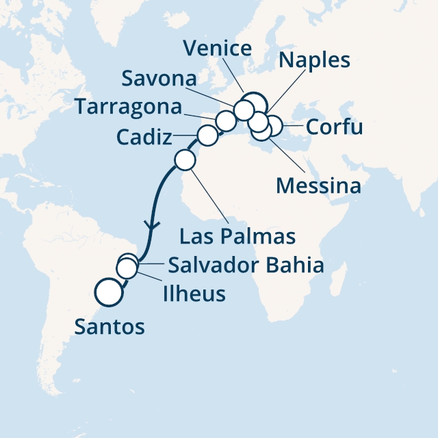 Itinerariu Croaziera Transatlantic Venetia spre Santos - Costa Cruises - Costa Luminosa - 22 nopti