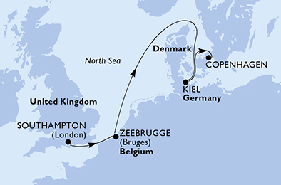 Itinerariu Croaziera Repozitionare Southampton spre Copenhaga - MSC Cruises - MSC Euribia - 5 nopti