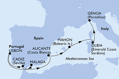 Itinerariu Croaziera Mediterana de Vest & Oc.Atlantic - MSC Cruises - MSC Orchestra - 7 nopti