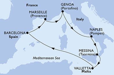 Itinerariu Croaziera Mediterana de Vest - MSC Cruises - MSC World Europa - 7 nopti
