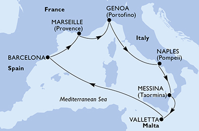 Itinerariu Croaziera Mediterana de Vest - MSC Cruises - MSC World Europa - 7 nopti