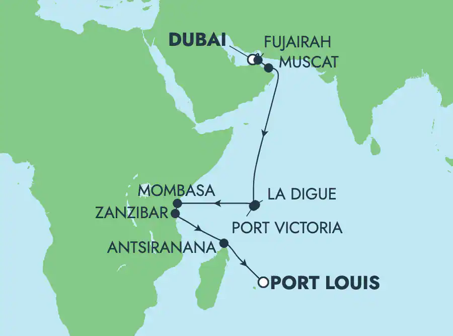 Itinerariu Croaziera Repozitionare Dubai spre Port Louis - Norwegian Cruise Line - Norwegian Sky - 16 nopti