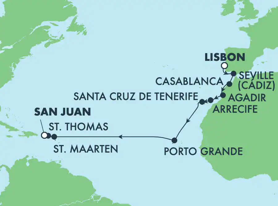 Itinerariu Croaziera Transatlantic Lisabona spre San Juan - Norwegian Cruise Line - Norwegian Viva - 16 nopti