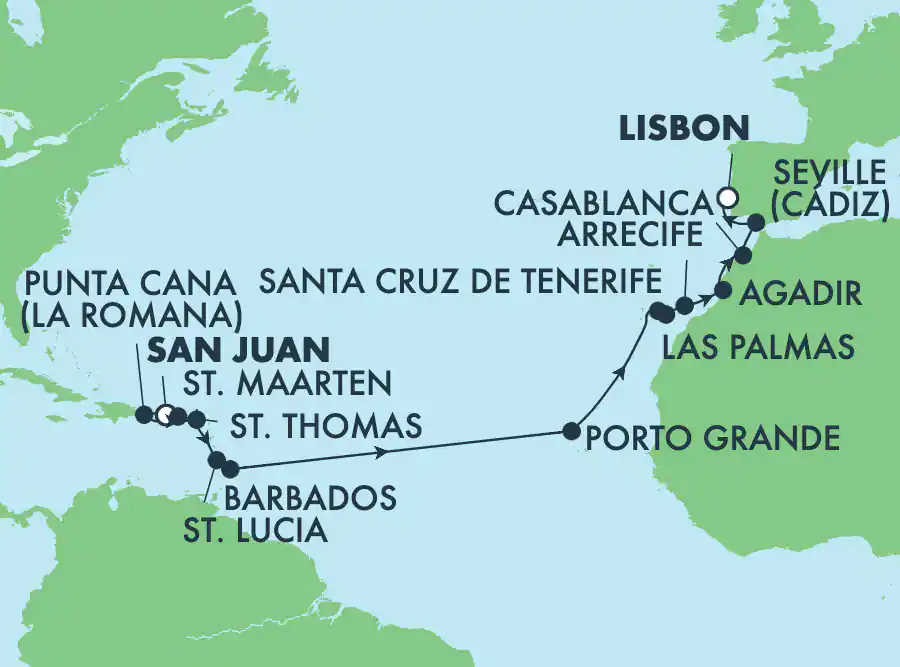 Itinerariu Croaziera Transatlantic San Juan spre Lisabona - Norwegian Cruise Line - Norwegian Viva - 19 nopti