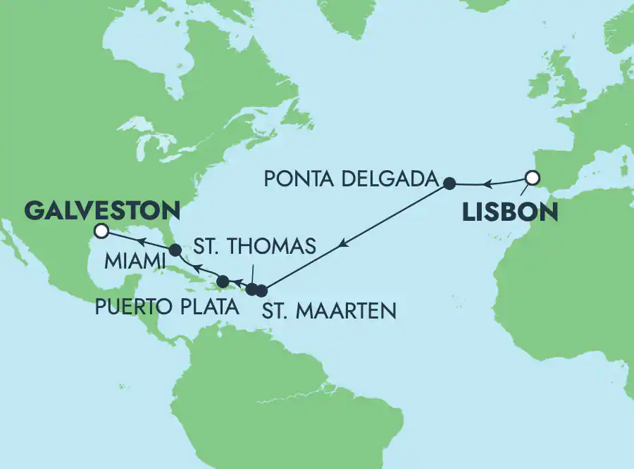 Itinerariu Croaziera Transatlantic Lisabona spre Galveston - Norwegian Cruise Line - Norwegian Viva - 15 nopti