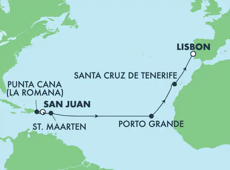 Itinerariu Croaziera Transatlantic San Juan spre Lisabona - Norwegian Cruise Line - Norwegian Viva - 13 nopti