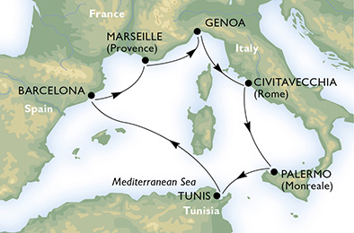 Itinerariu Croaziera Craciun in Mediterana de Vest - MSC Cruises - MSC Splendida - 7 nopti