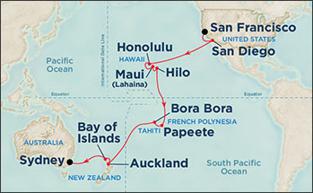 Itinerariu Croaziera Repozitionare San Francisco spre Sydney - Princess Cruises - Sun Princess - 25 nopti