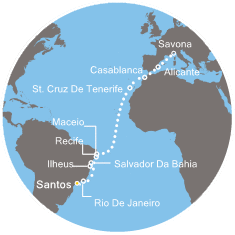 Itinerariu Croaziera Transatlantic Santos spre Savona - Costa Cruises - Costa Fascinosa - 19 nopti