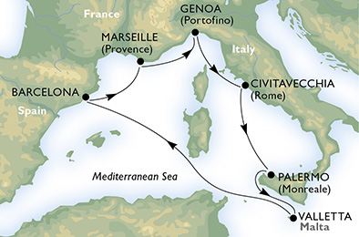 Itinerariu Croaziera Mediterana de Vest - MSC Cruises - MSC Meraviglia - 7 nopti
