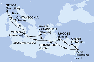 Itinerariu Croaziera Mediterana de Est & Pamantul Sfant - MSC Cruises - MSC Opera - 11 nopti