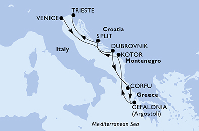 Itinerariu Croaziera Marea Adriatica - MSC Cruises - MSC Lirica - 6 nopti