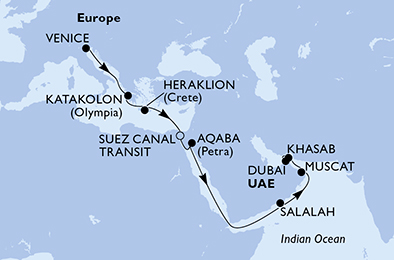 Itinerariu Croaziera Repozitionare Venetia spre Dubai - MSC Cruises - MSC Lirica - 16 nopti