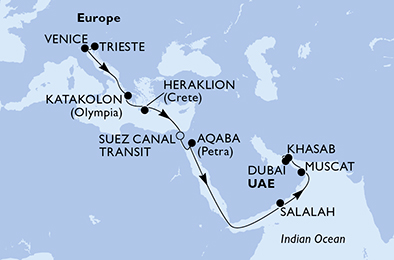 Itinerariu Croaziera Repozitionare Trieste spre Dubai - MSC Cruises - MSC Lirica - 17 nopti