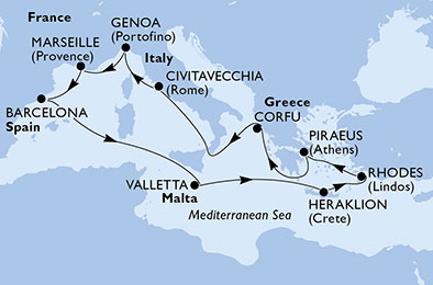 Itinerariu Croaziera Grand Mediterana - MSC Cruises - MSC Poesia - 12 nopti