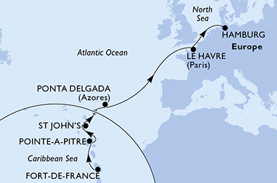 Itinerariu Croaziera Transatlantic Fort de France spre Hamburg - MSC Cruises - MSC Preziosa - 15 nopti