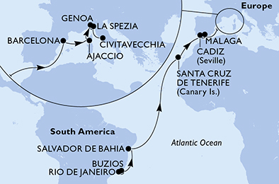 Itinerariu Croaziera Transatlantic Rio de Janeiro spre Roma - MSC Cruises - MSC Seaview - 19 nopti
