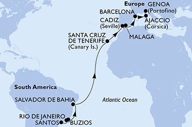 Itinerariu Croaziera Transatlantic Santos spre Genova - MSC Cruises - MSC Seaview - 18 nopti