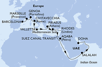 Itinerariu Croaziera Repozitionare Barcelona spre Doha - MSC Cruises - MSC Seaview - 19 nopti