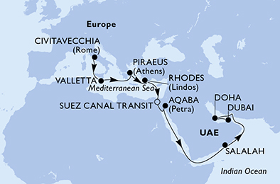 Itinerariu Croaziera Repozitionare Roma spre Dubai - MSC Cruises - MSC Seaview - 18 nopti