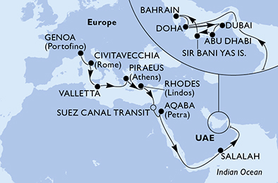 Itinerariu Croaziera Repozionare Genova spre Dubai - MSC Cruises - MSC Seaview - 26 nopti
