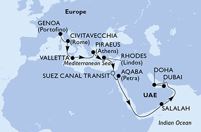Itinerariu Croaziera Repozitionare Genova spre Dubai - MSC Cruises - MSC Seaview - 19 nopti