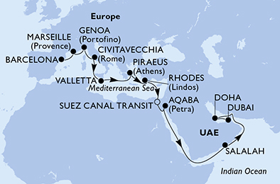 Itinerariu Croaziera Repozitionare Barcelona spre Dubai - MSC Cruises - MSC Seaview - 21 nopti
