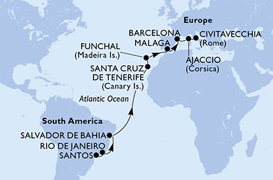 Itinerariu Croaziera Transatlantic Santos spre Roma - MSC Cruises - MSC Sinfonia - 18 nopti