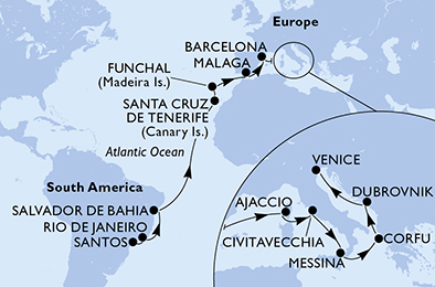 Itinerariu Croaziera Transatlantic Santos spre Venetia - MSC Cruises - MSC Sinfonia - 22 nopti